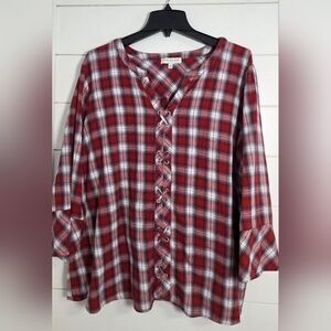 Skies Are Blue Plaid Lace-Up Blouse